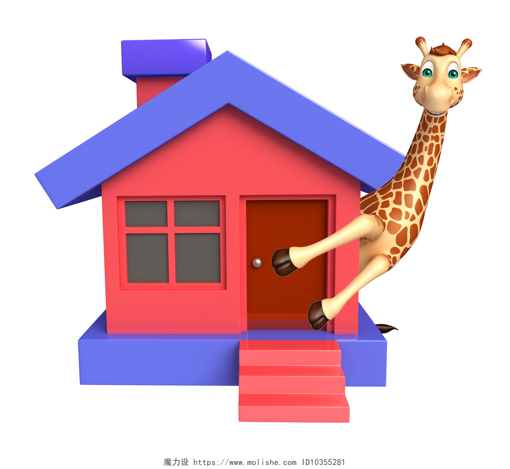 3D渲染图长颈鹿的家可爱的长颈鹿卡通人物与家  
